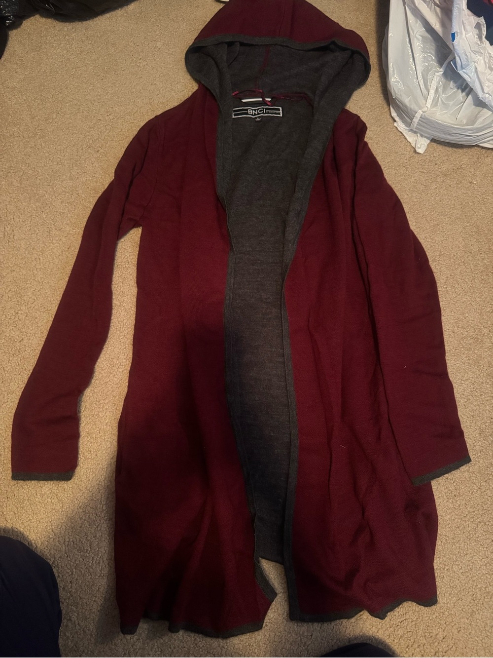 blanc noir Hooded Open Cardigan Jacket in Burgundy with Charcoal Trim